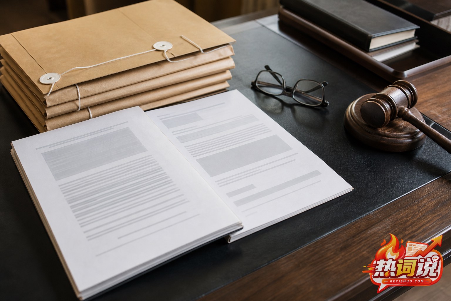 法律研究桌上的案卷、裁判文书与法槌