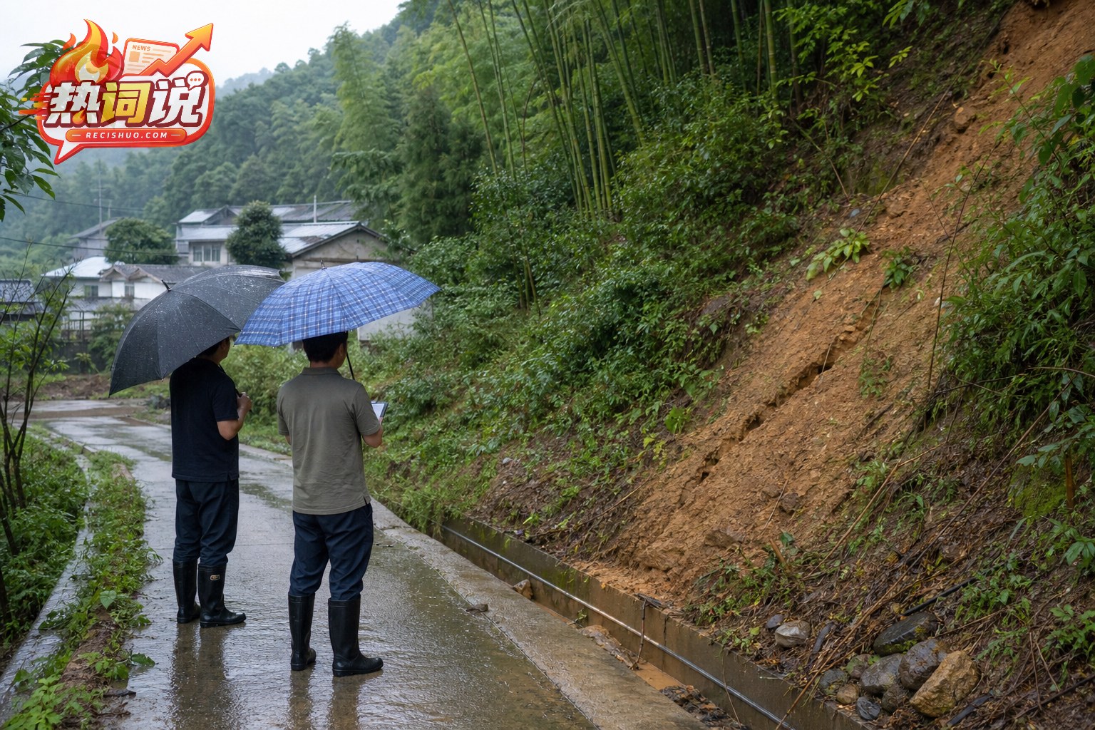 巡查人员在雨后安全观察村道旁湿润边坡和排水沟