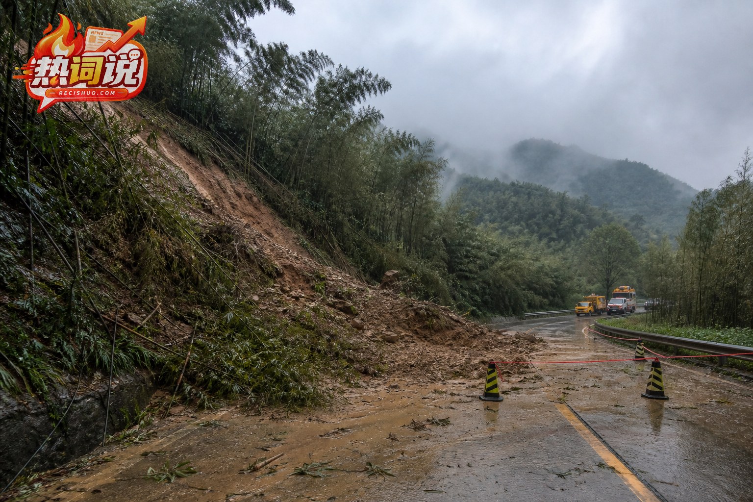 暴雨过后江南山区公路被滑坡泥土阻断的纪实场景