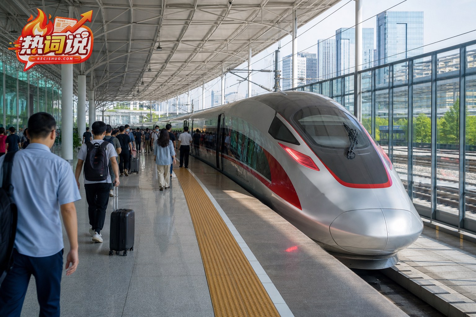旅客在现代化车站乘坐中国高速列车
