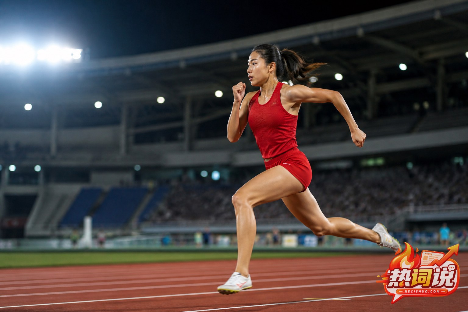 夜间田径场上一名身穿红色比赛服的年轻女子短跑运动员全速冲刺