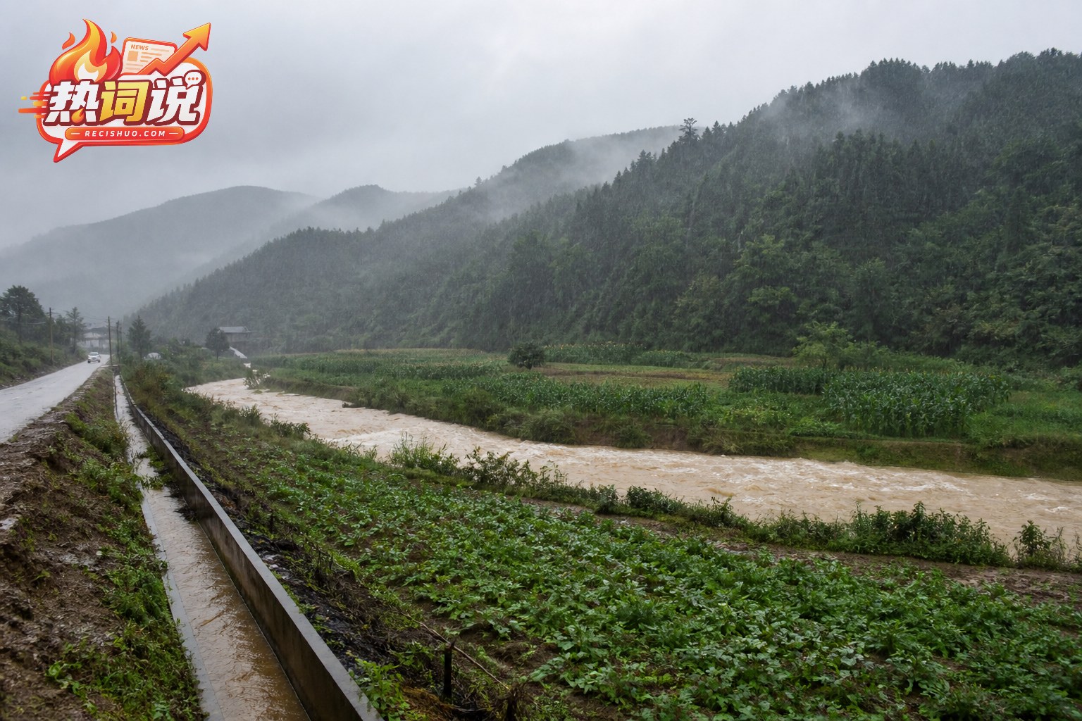 持续降雨下山区农田、河道与公路的纪实场景
