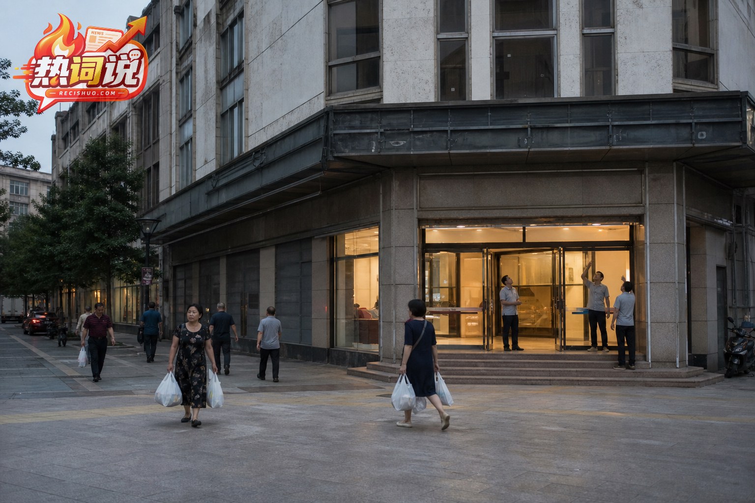 傍晚老城区一座仍在营业的老商场外景,顾客离店、工作人员检查建筑入口