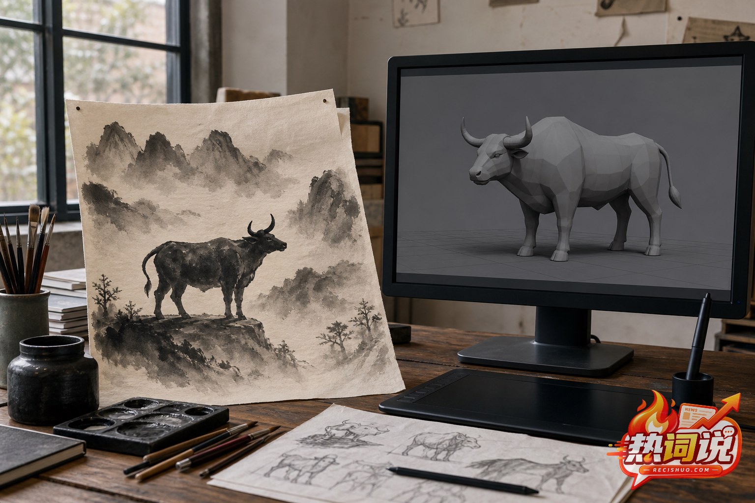 动画工作台上的水墨概念画与电脑中简易三维牛模型形成对比