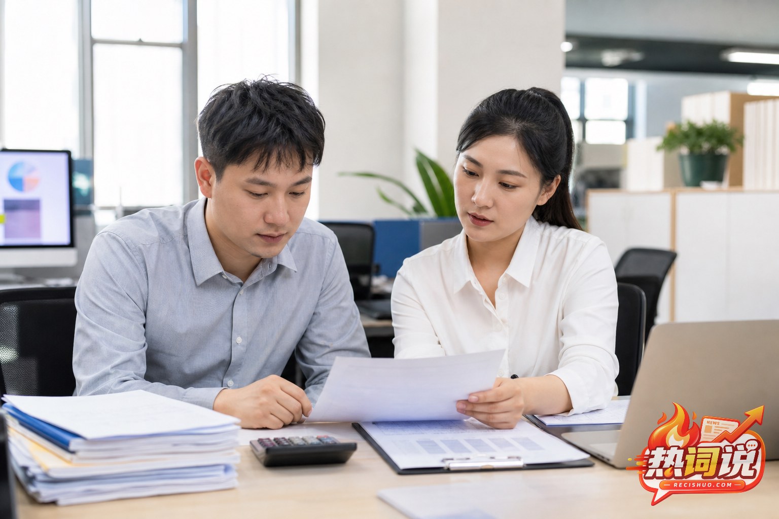 企业人力资源工作人员与职工在办公室共同核对社保缴费材料