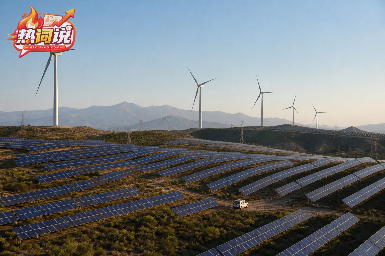 山地间分布的光伏板与风力发电设施