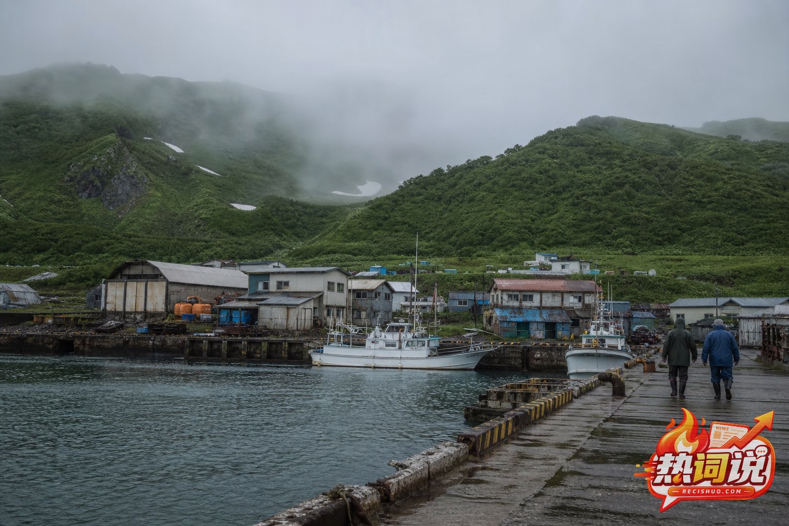 云雾山岭下的南千岛群岛偏远渔港与码头作业人员