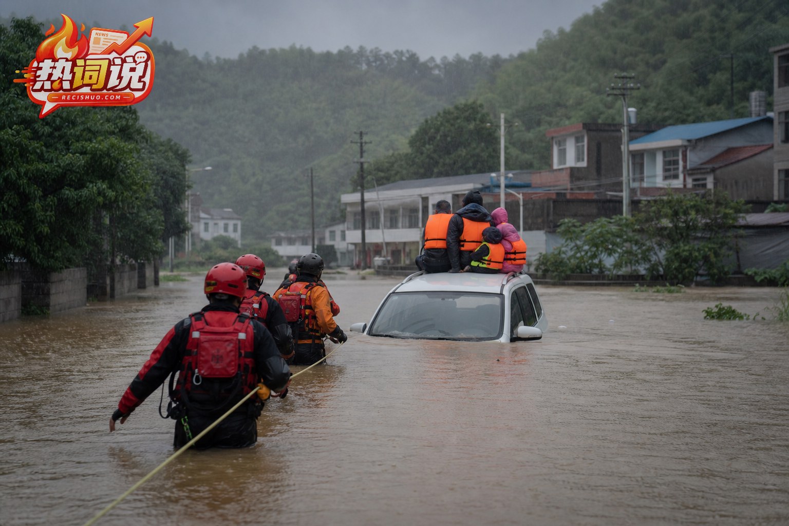暴雨积水道路上,救援人员借助安全绳接近车顶受困家庭的纪实场景