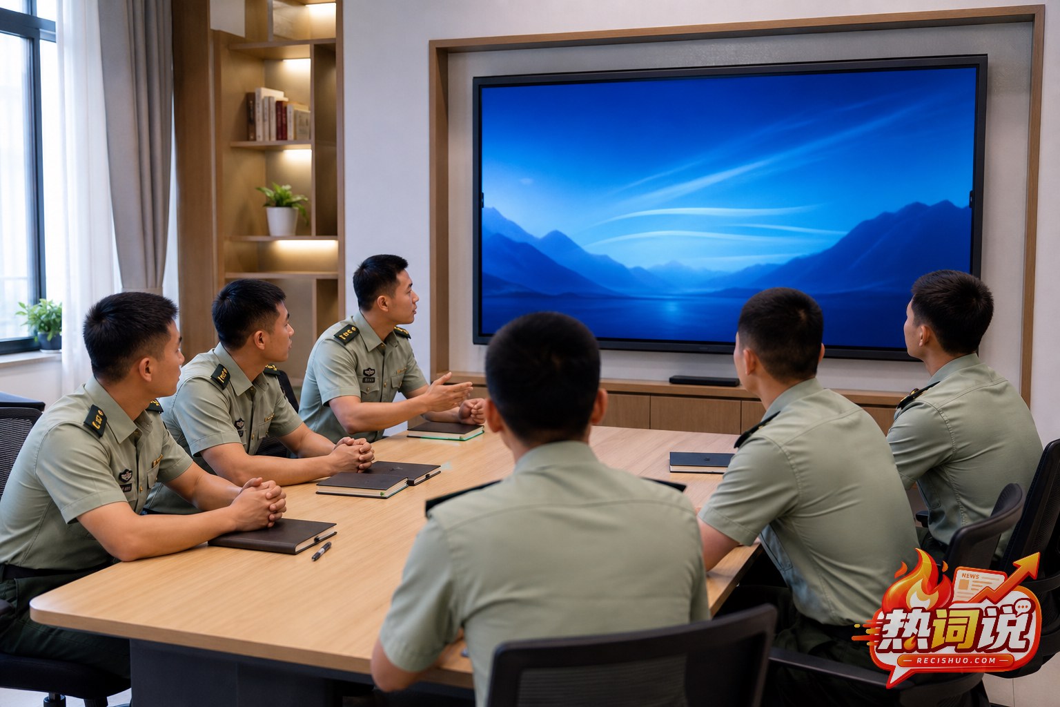 官兵在基层学习室观看融媒体内容并进行交流讨论