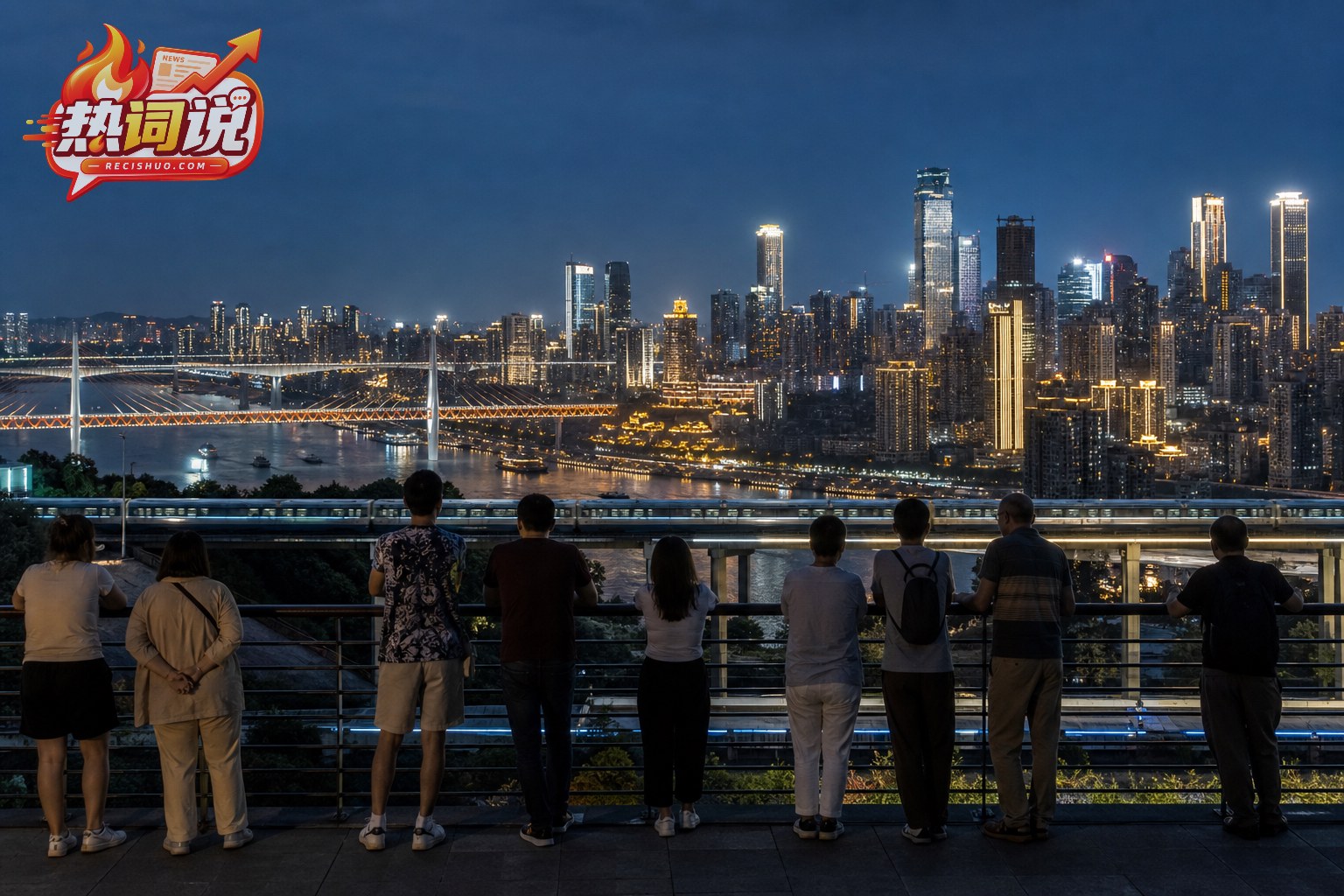 国际游客在观景台眺望中国现代城市夜景与轨道交通