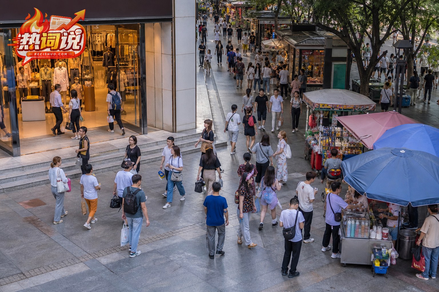 营业日大型商场入口与周边小摊共享客流的繁忙商业街景