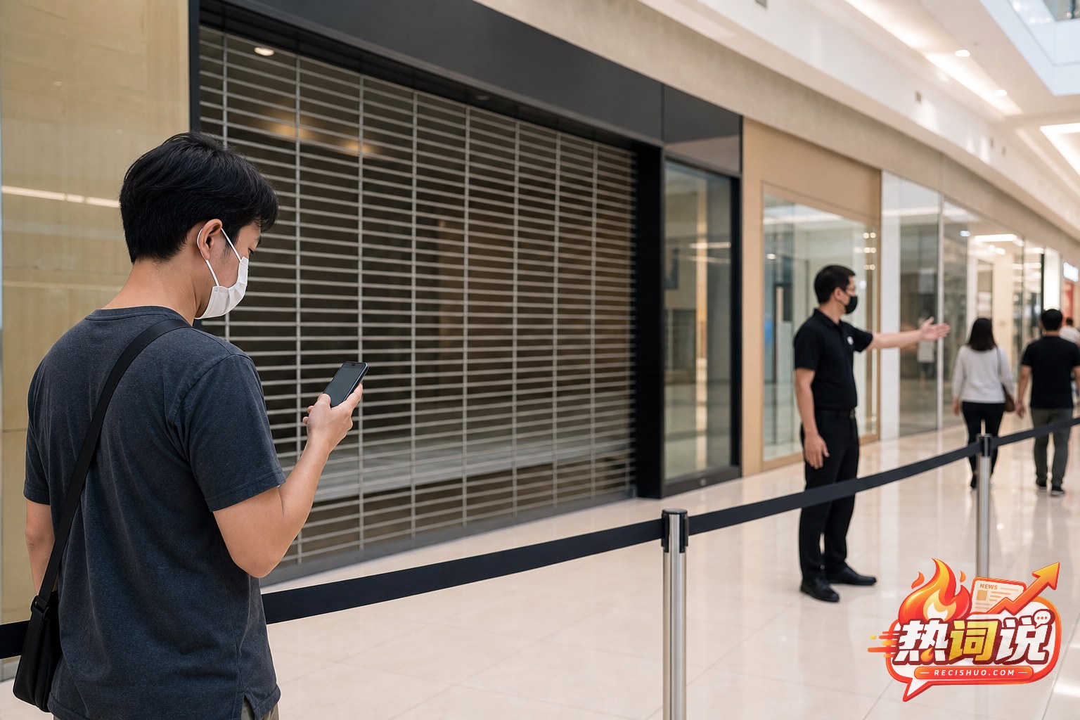消费者在临时关闭的饮品店外保持距离并用手机核验信息的示意图