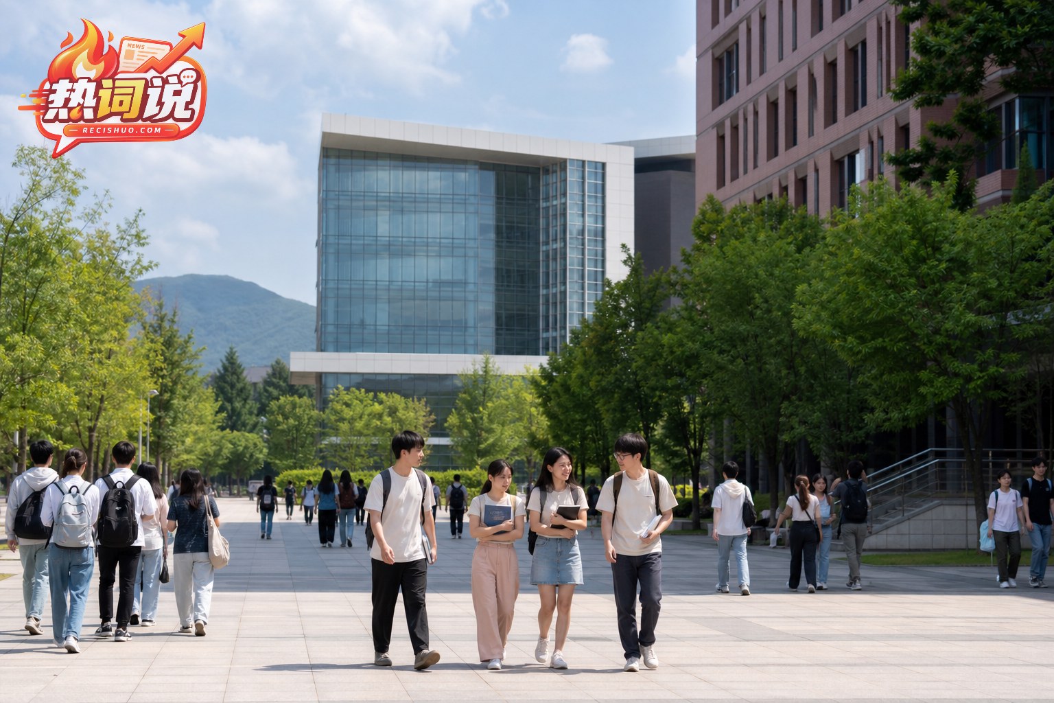 现代研究型大学校园内学生结伴走过教学楼前广场