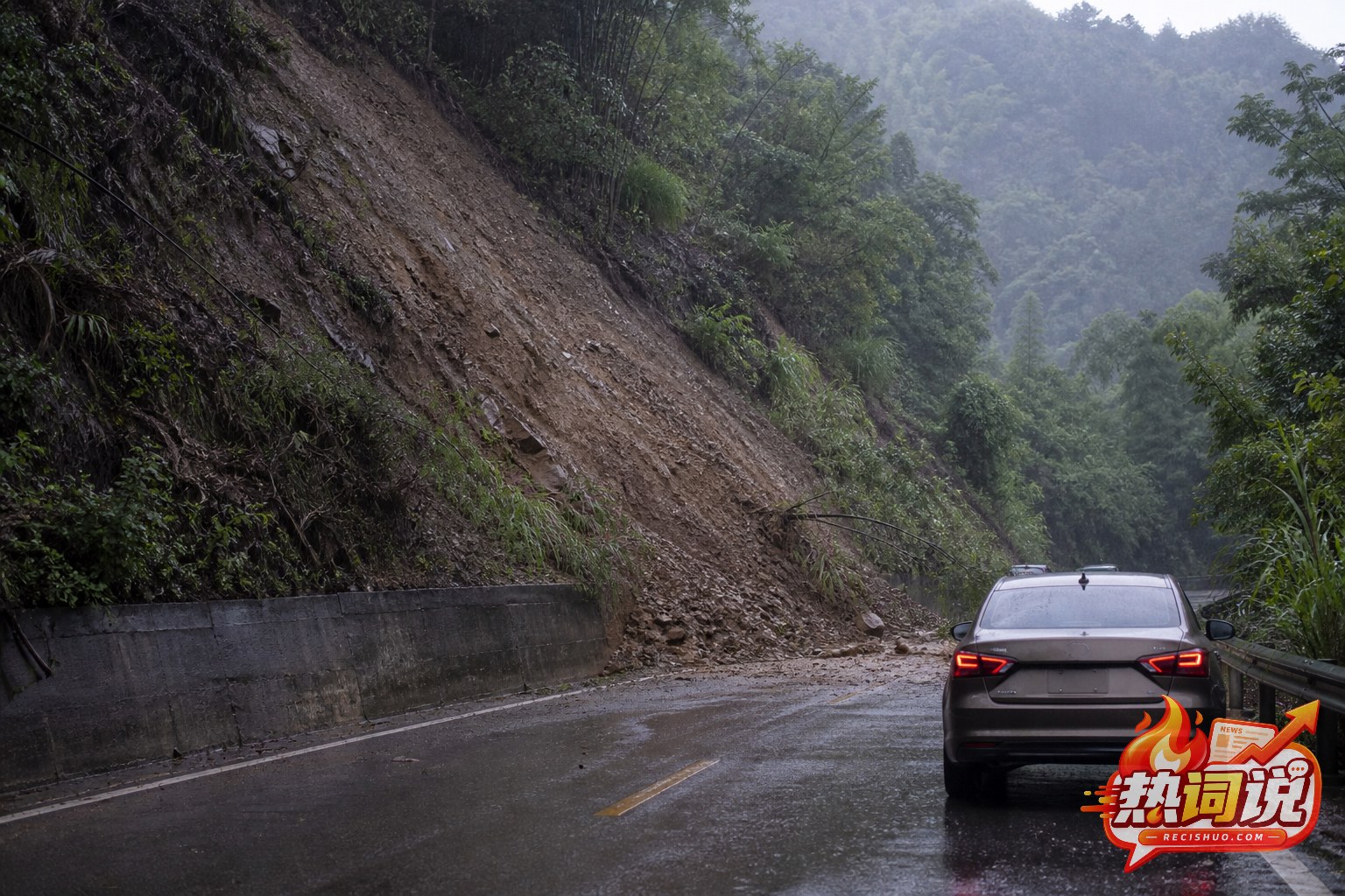 雨中车辆在发现前方边坡落石后停于安全路段