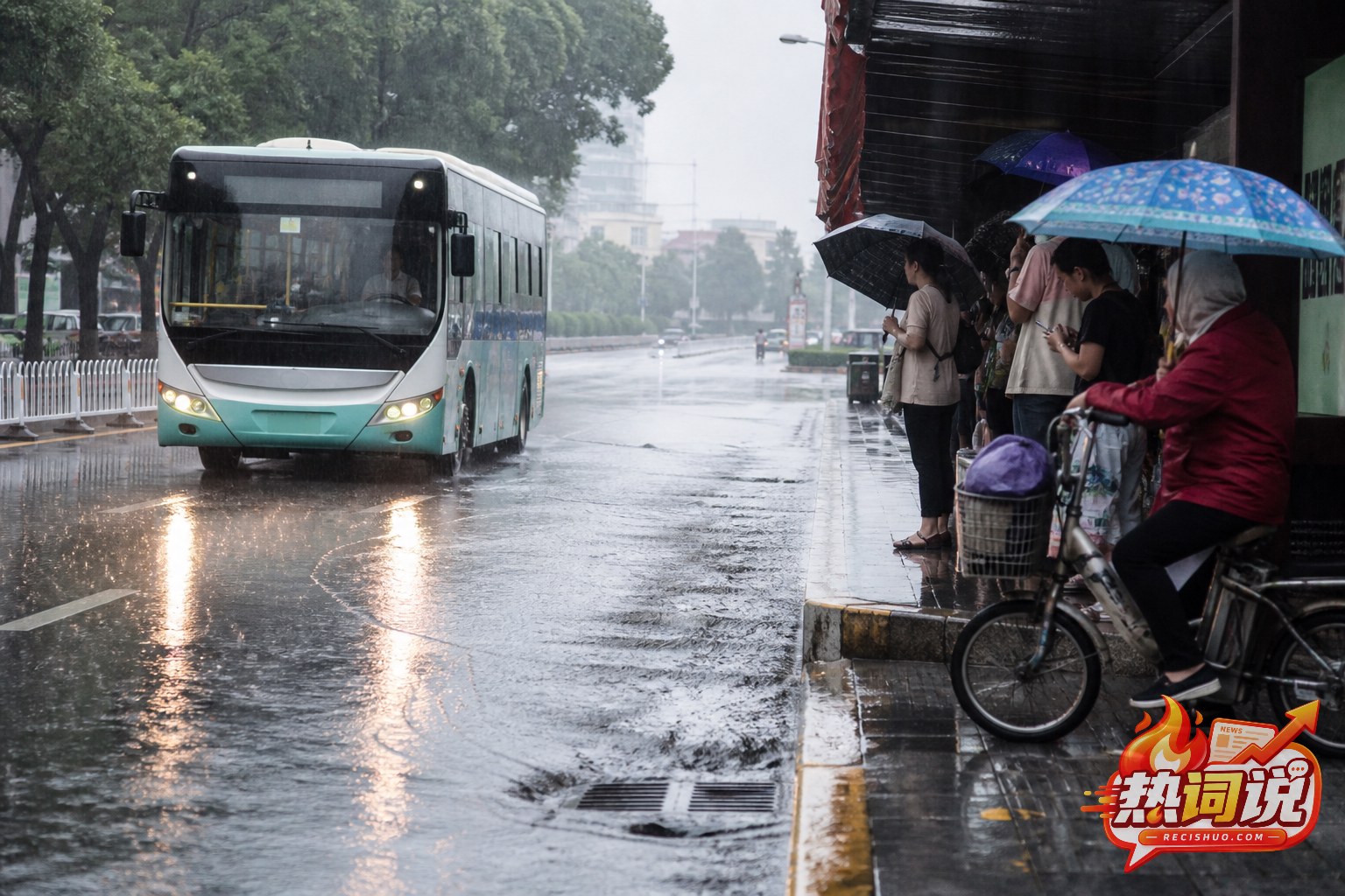 暴雨中公交车缓慢行驶,市民在屋檐下候车避雨