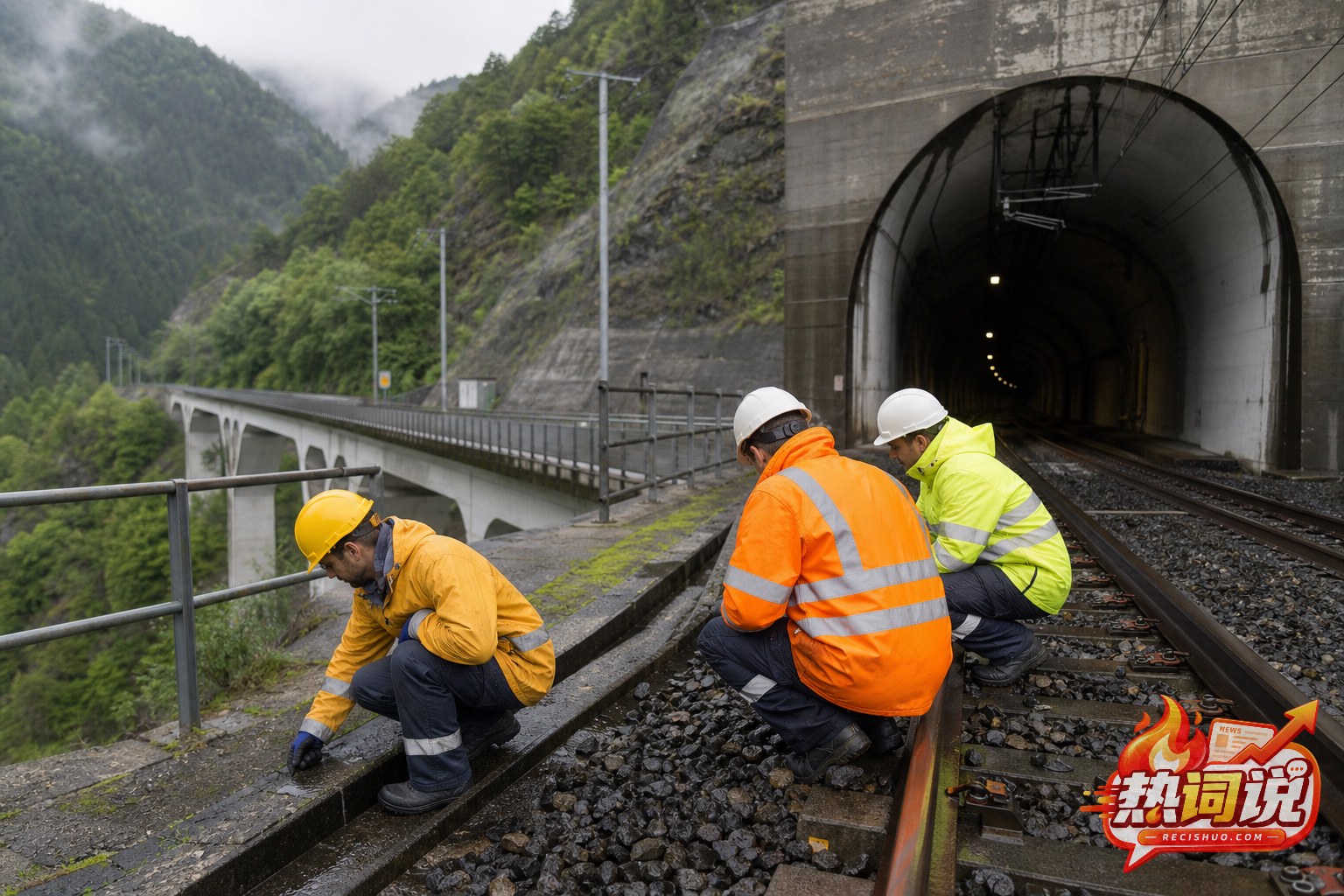 雨后山区桥隧连接处铁路养护人员检查线路设施
