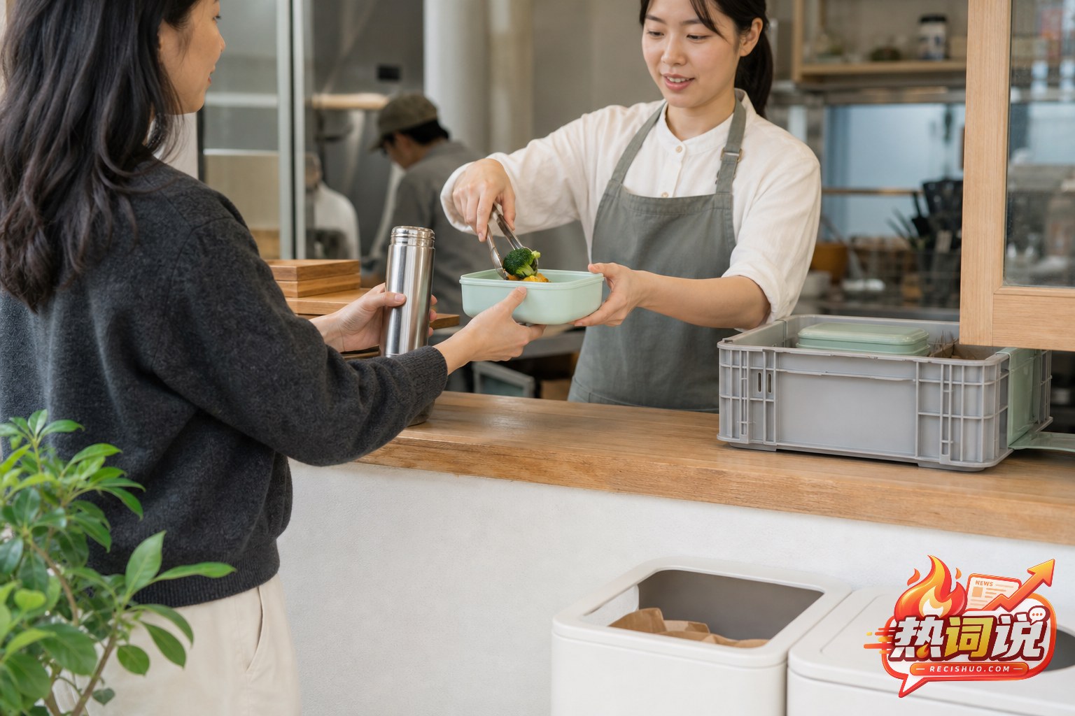 顾客使用自带餐盒和保温杯取餐,店员通过周转箱和分类回收设施减少一次性用品