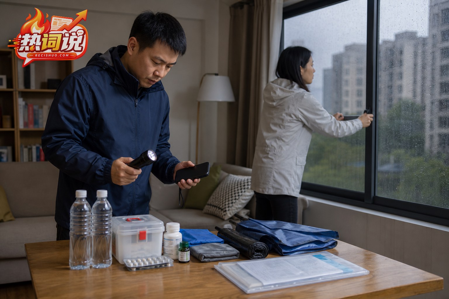 居民检查手电筒和应急物品并关闭雨中的窗户