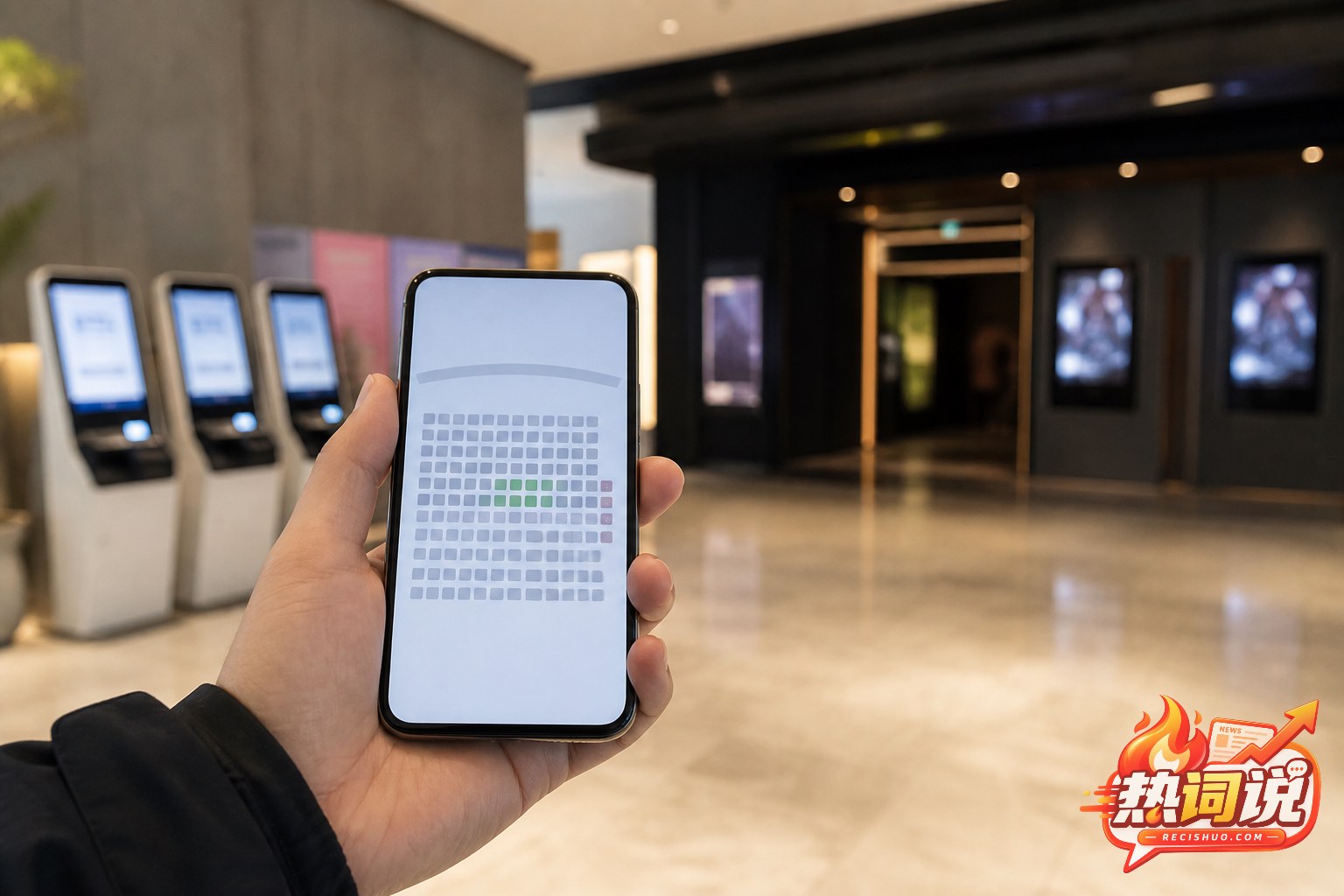 观众在安静的影院大厅查看手机上的场次座位信息