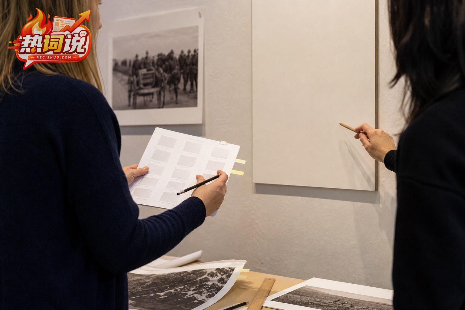 策展人员在布展现场对展板和图像资料进行逐项审核