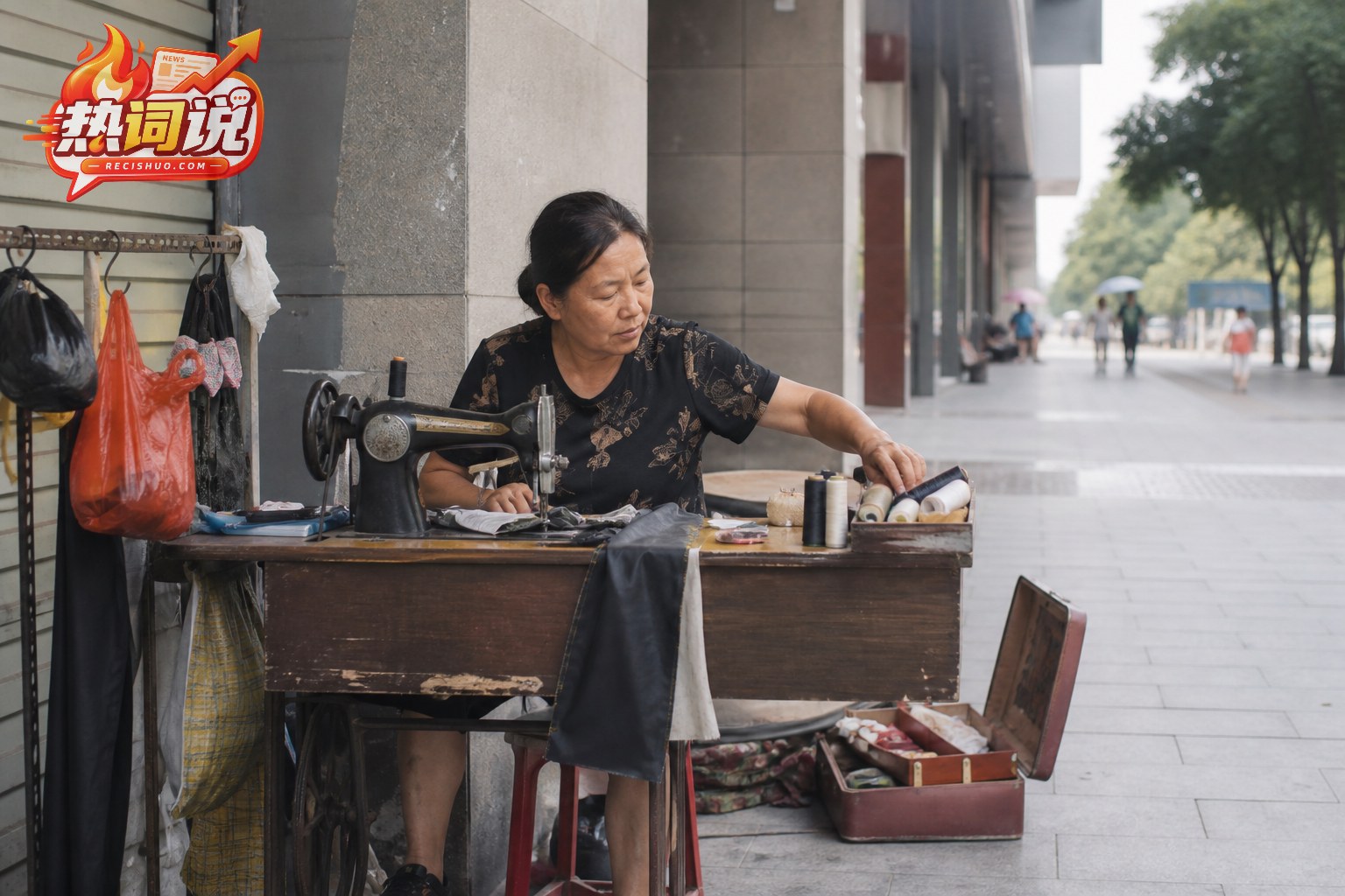 许昌城市商业街旁摊主在老式缝纫机前整理线轴与衣物的纪实场景
