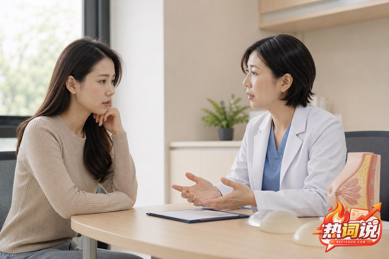 成年女性在医院咨询室向女医生了解隆胸术后发现早孕的健康问题