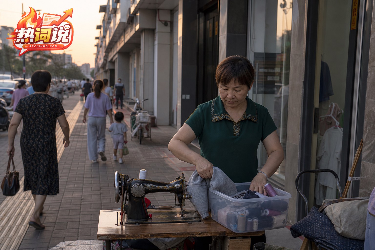 傍晚时分摊主在商业街旁收拾缝纫工具和待修补衣物