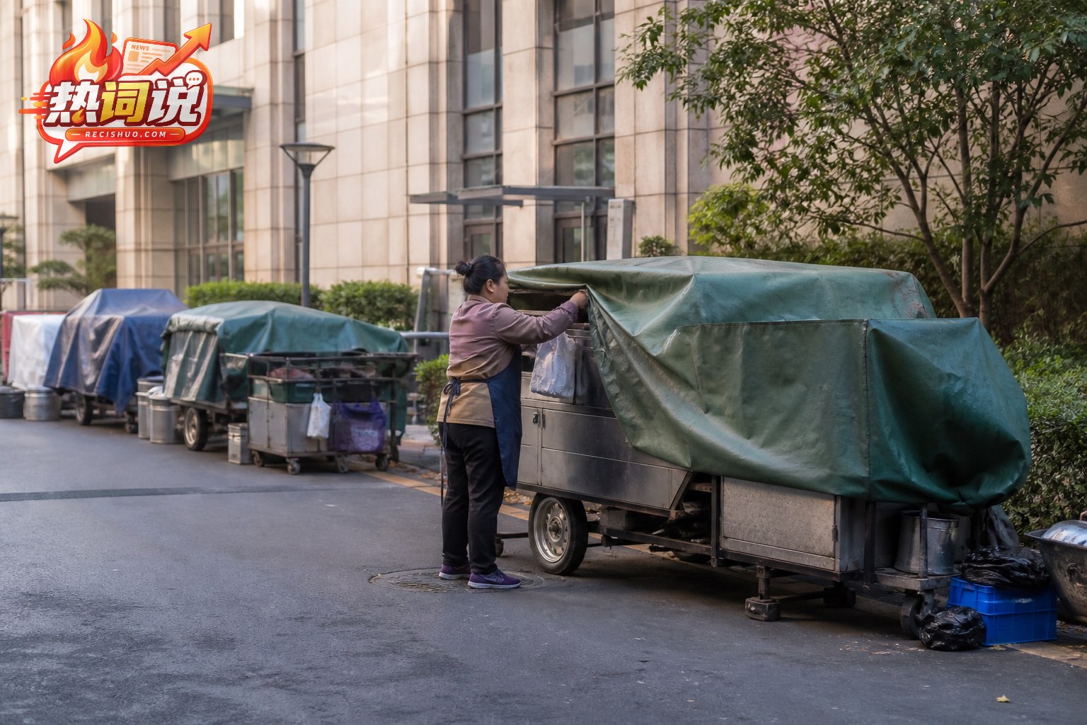 女摊主在安静街区收拾并遮盖餐车,邻近流动摊位也处于休息状态