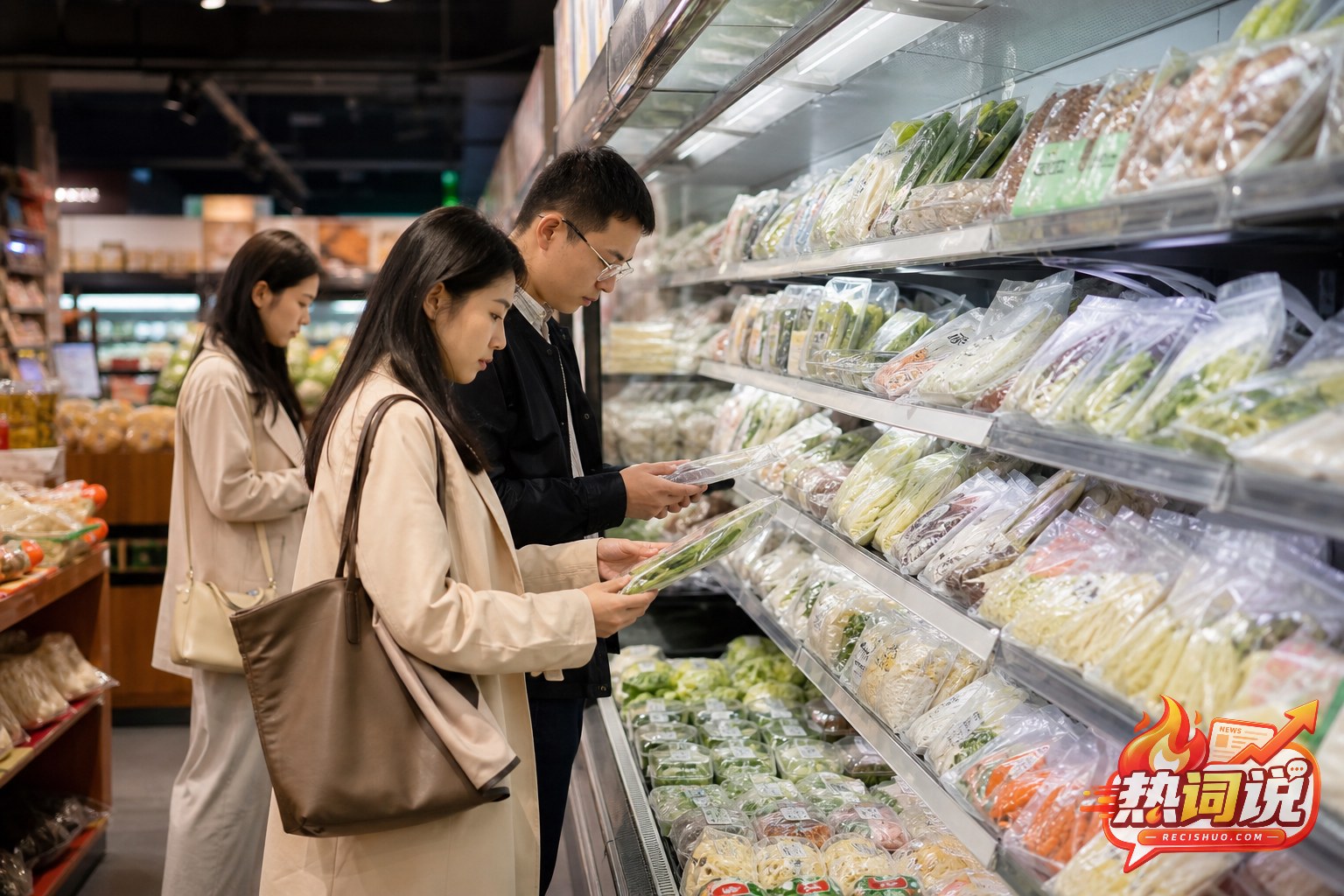 城市上班族在社区生鲜超市冷藏货架前挑选切配菜包