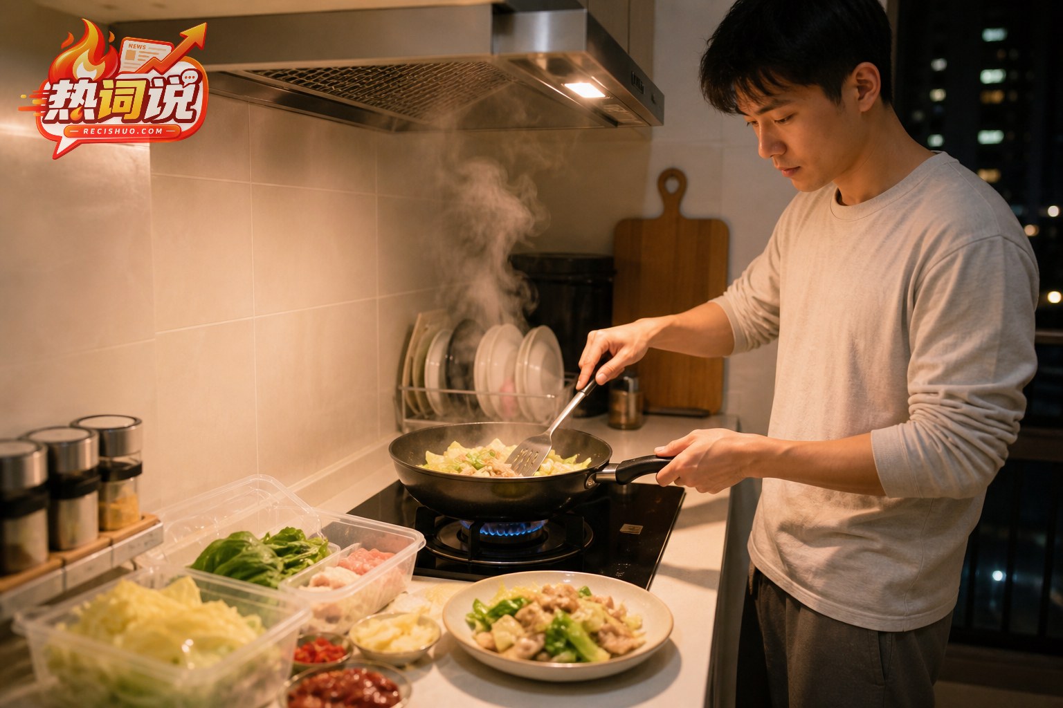 年轻上班族回家后用切配好的食材炒制晚餐