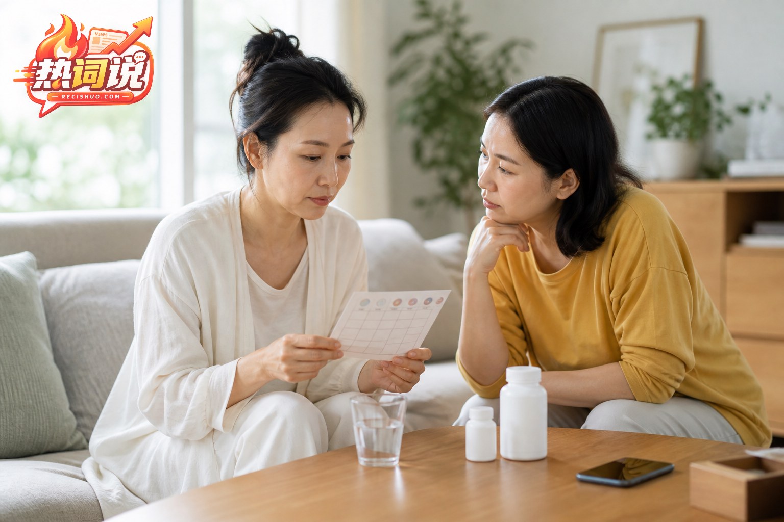 女性在家人陪伴下整理恢复期用药与症状记录