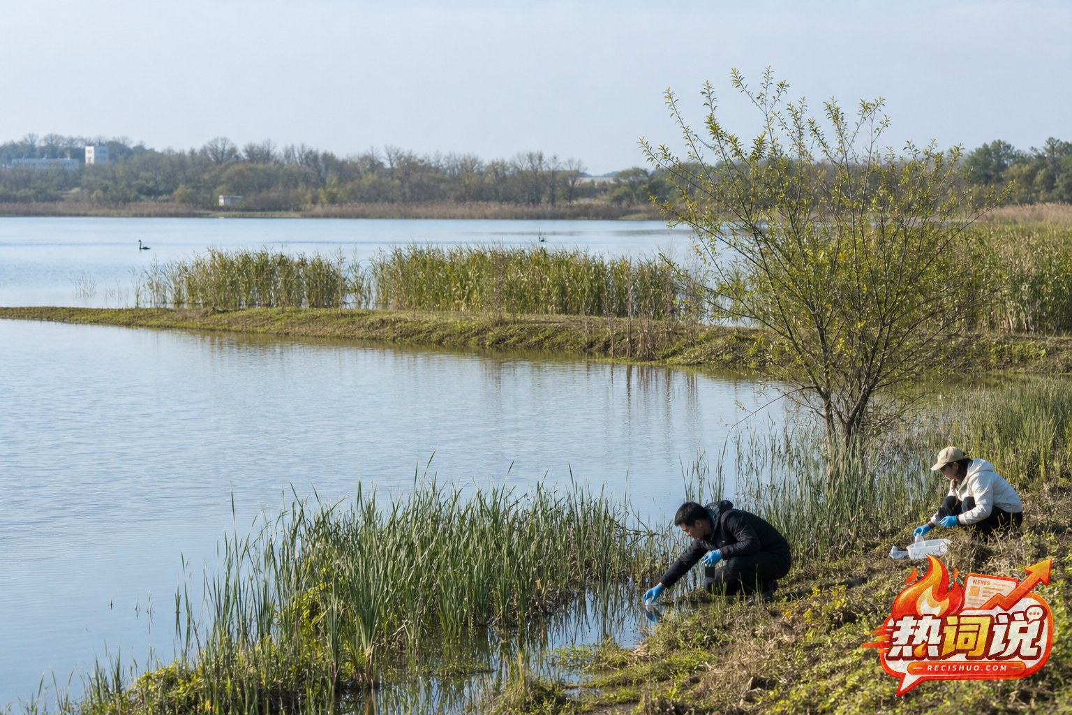 生态监测人员在河湖湿地自然岸线附近采集水样