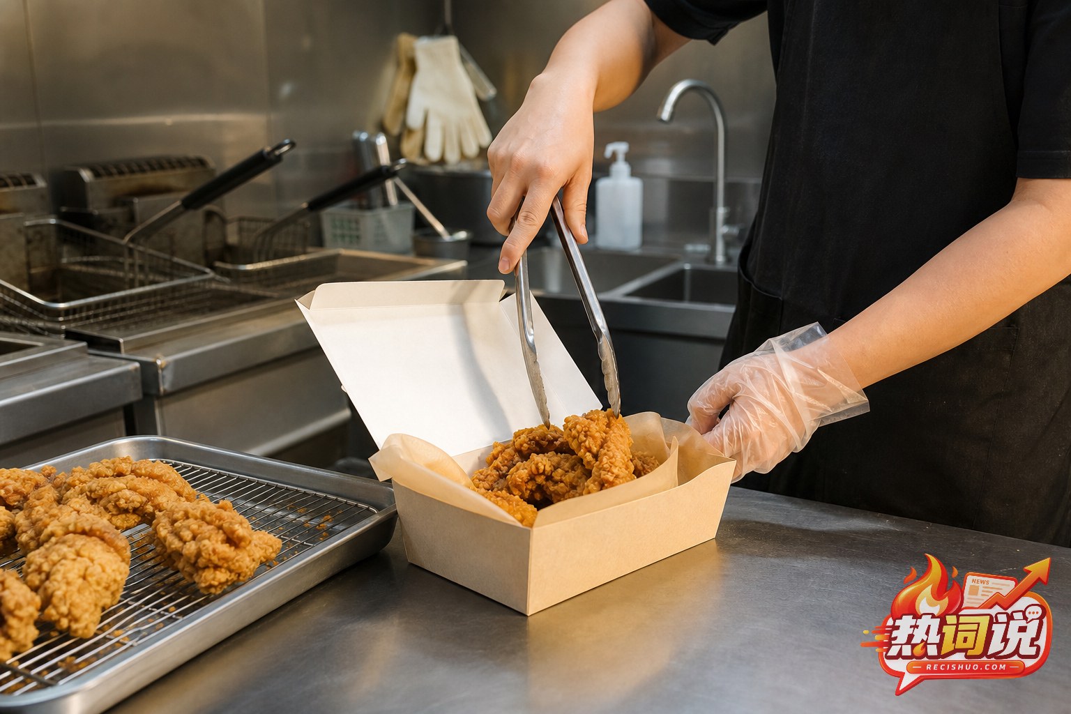 炸鸡店员工使用食品夹和餐盒规范打包炸鸡的后厨场景