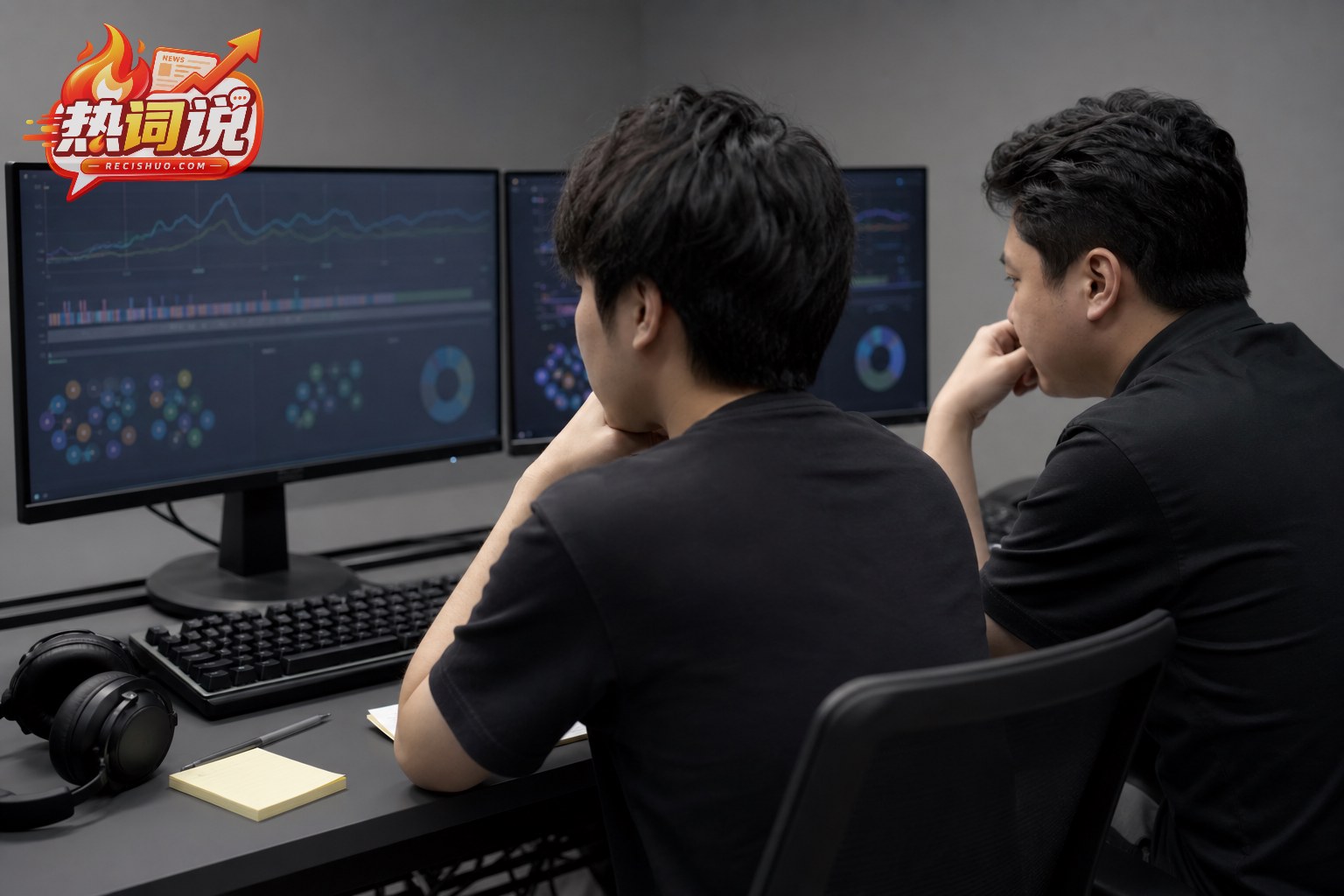 选手与教练在训练室查看比赛数据并进行赛后复盘