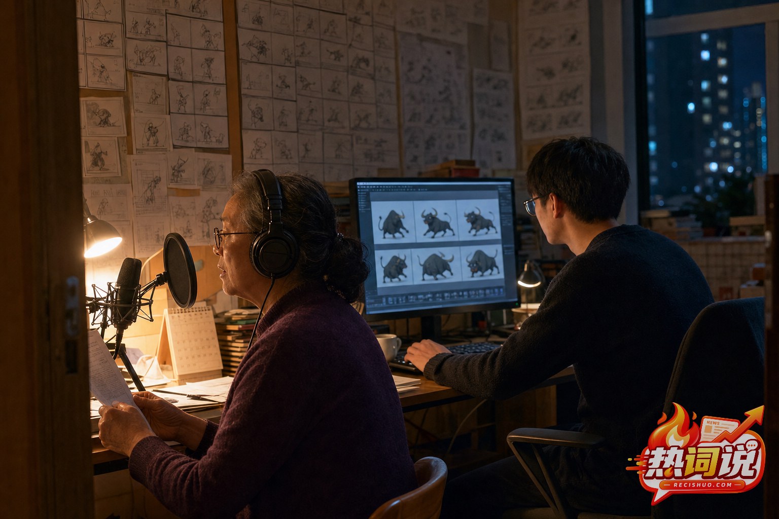 夜晚的家庭工作室里母亲录制配音、儿子操作动画制作电脑