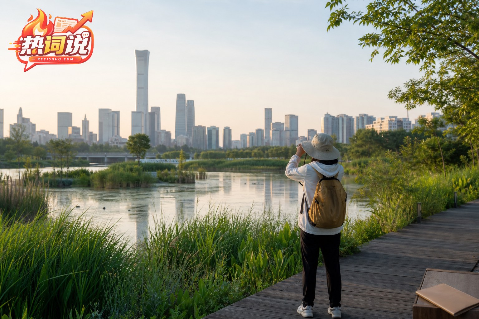 清晨城市滨水湿地与公共步道相融的生态环境法治主题画面
