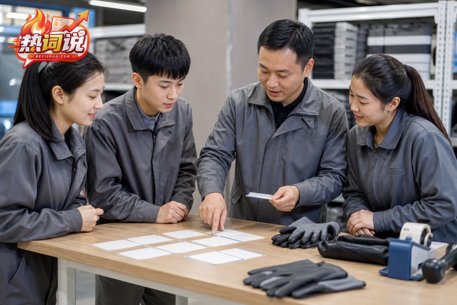 培训负责人在企业后场向新员工讲解工作流程