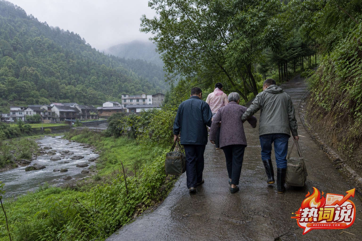 山区居民在降雨中相互照应并沿道路向高处转移的避险示意图