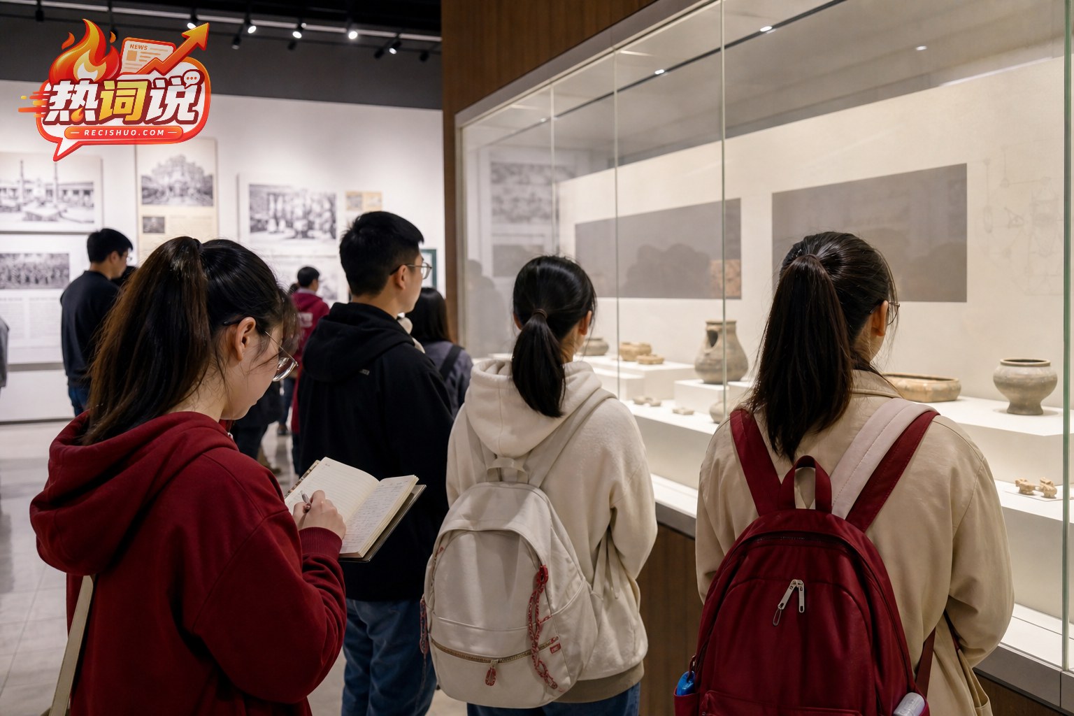 青年学生在历史博物馆参观展陈并认真做笔记