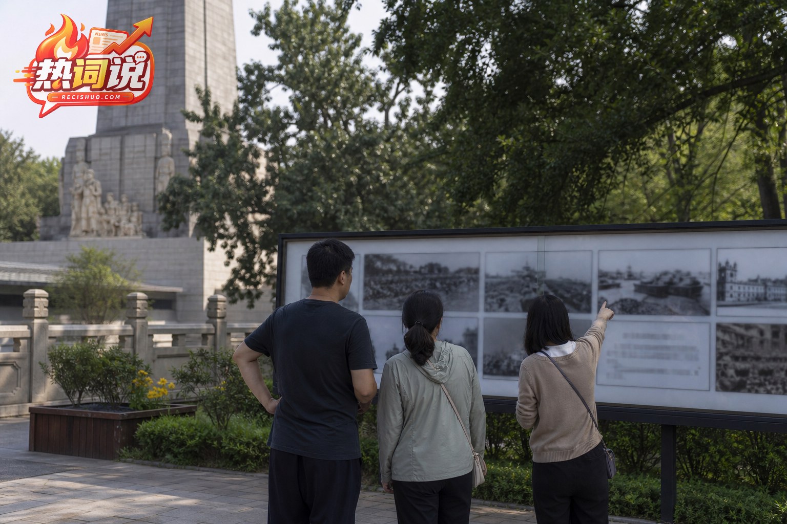 参观者在石塔附近查看战争历史图片展板