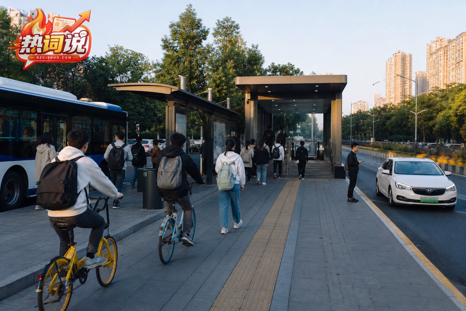 年轻通勤者在城市交通枢纽选择公交、地铁、骑行和网约车出行