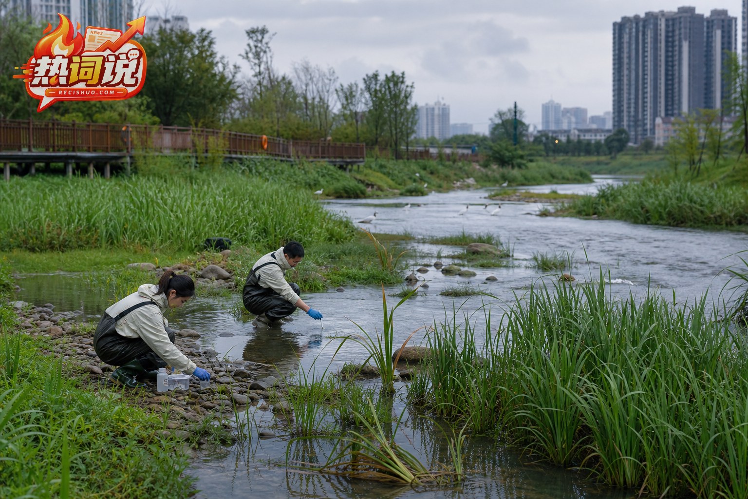 生态环境工作人员在城市河流湿地开展水质采样监测