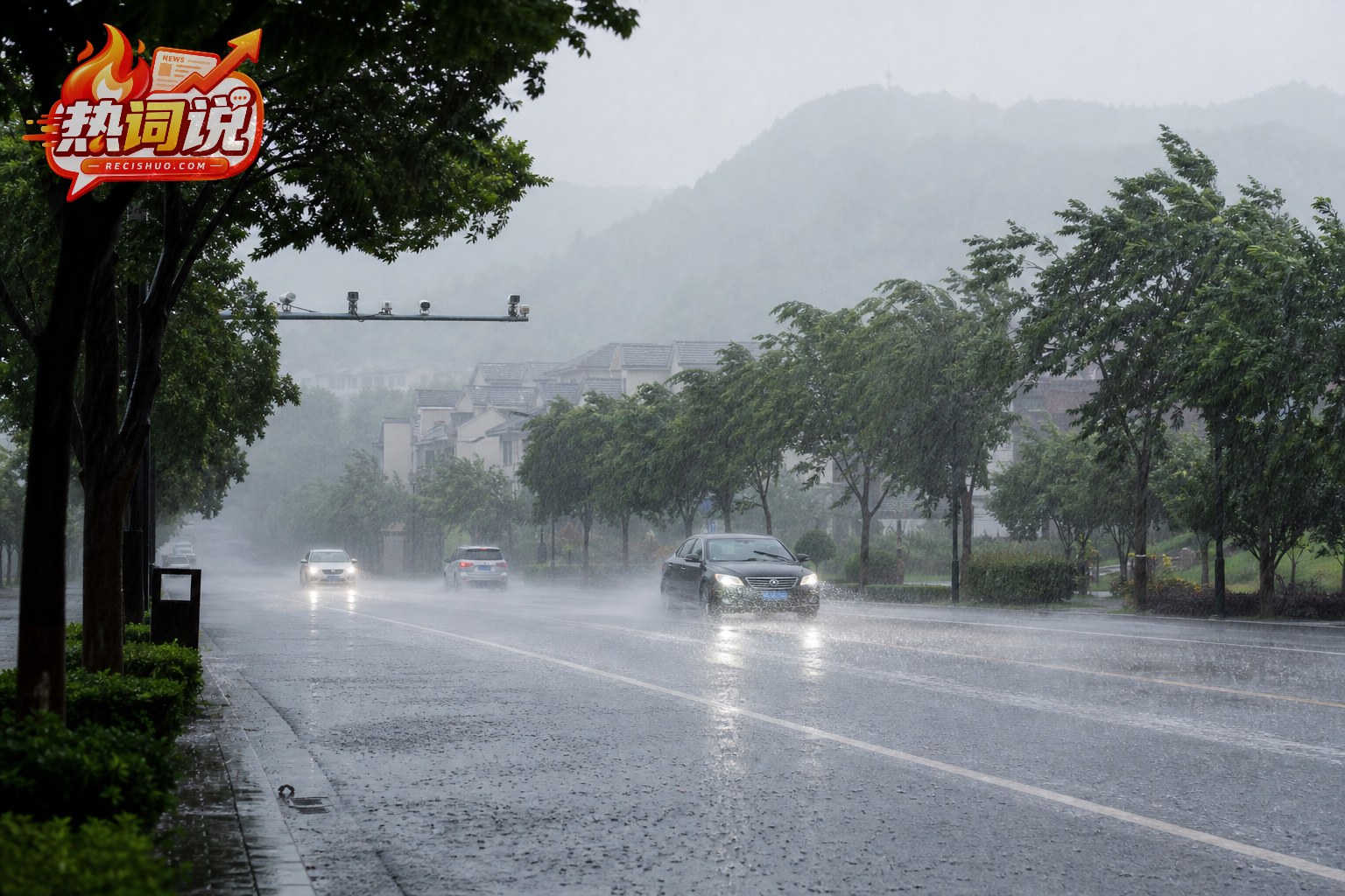 浙江长兴县城道路遭遇强降雨,车辆开启车灯谨慎行驶