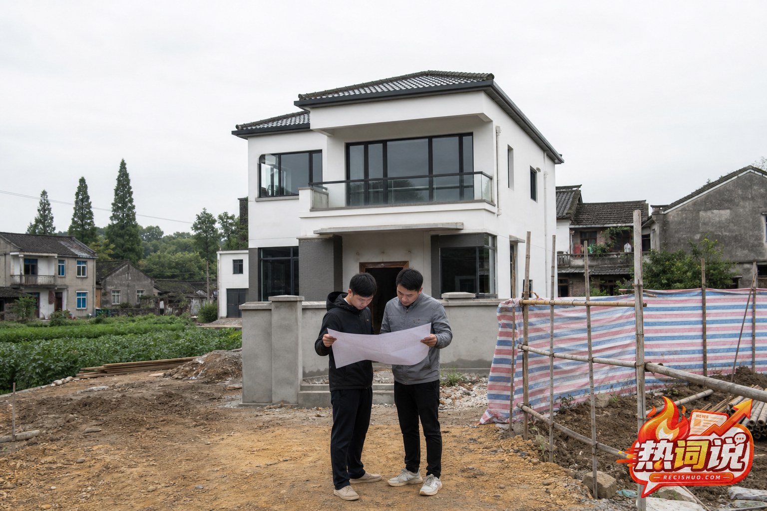 两名年轻人在中国乡村新建住宅前查看建筑图纸