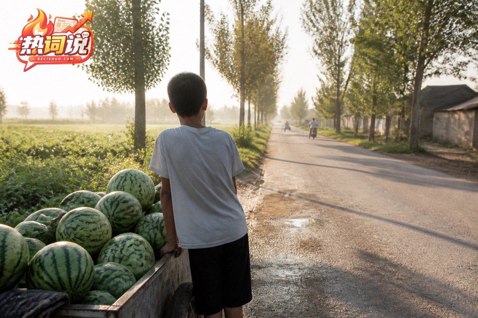 清晨乡村道路旁,一名不露正脸的少年站在装满西瓜的农用车旁眺望远方