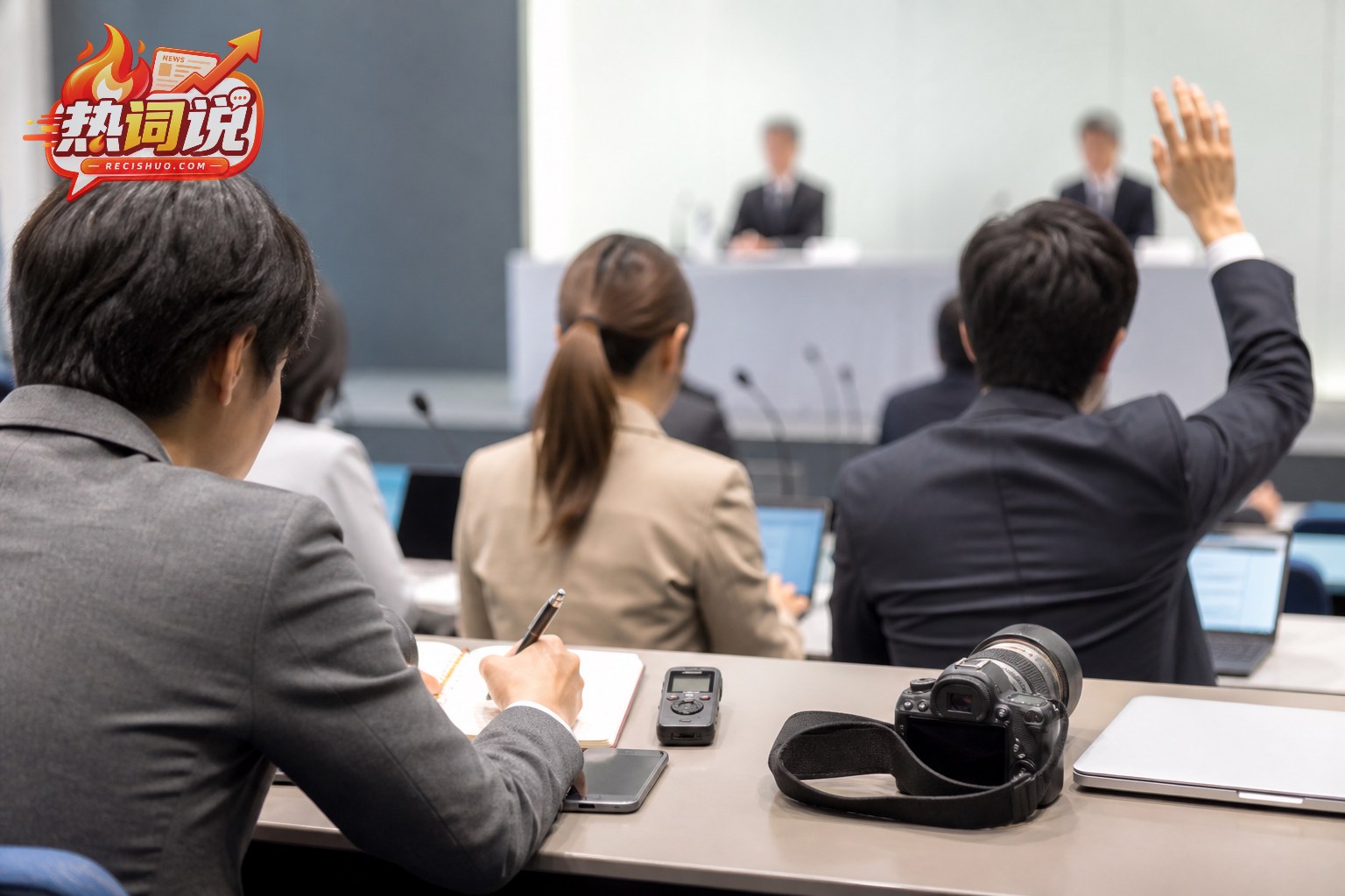 记者在新闻发布会上记录信息并举手提问,桌面摆放录音设备和相机