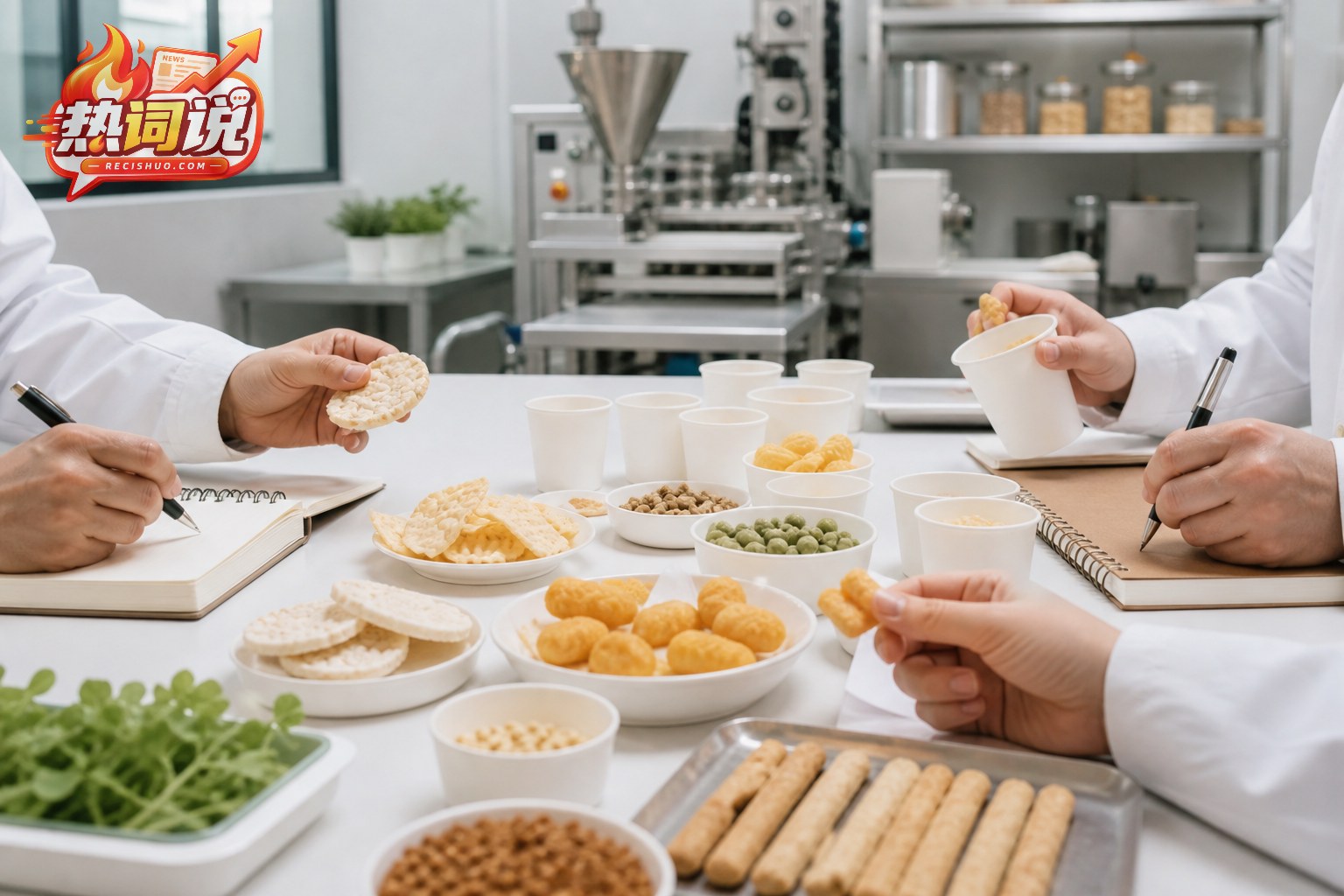 食品研发人员在试制间评估多种零食样品