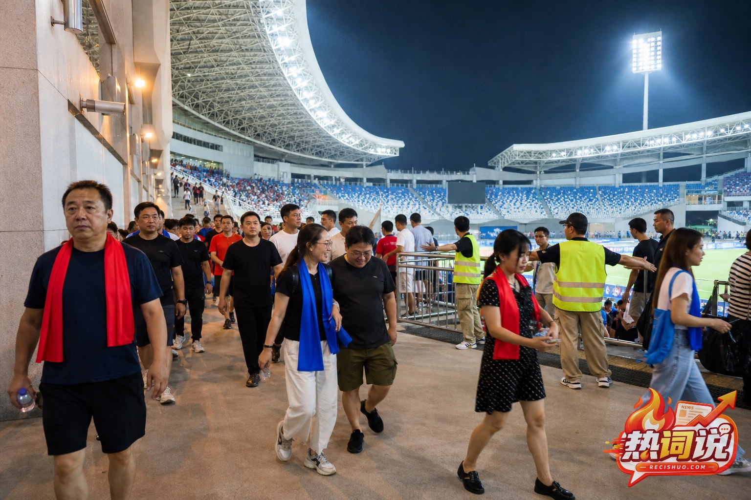 夜间比赛结束后球迷在志愿者引导下有序离开体育场