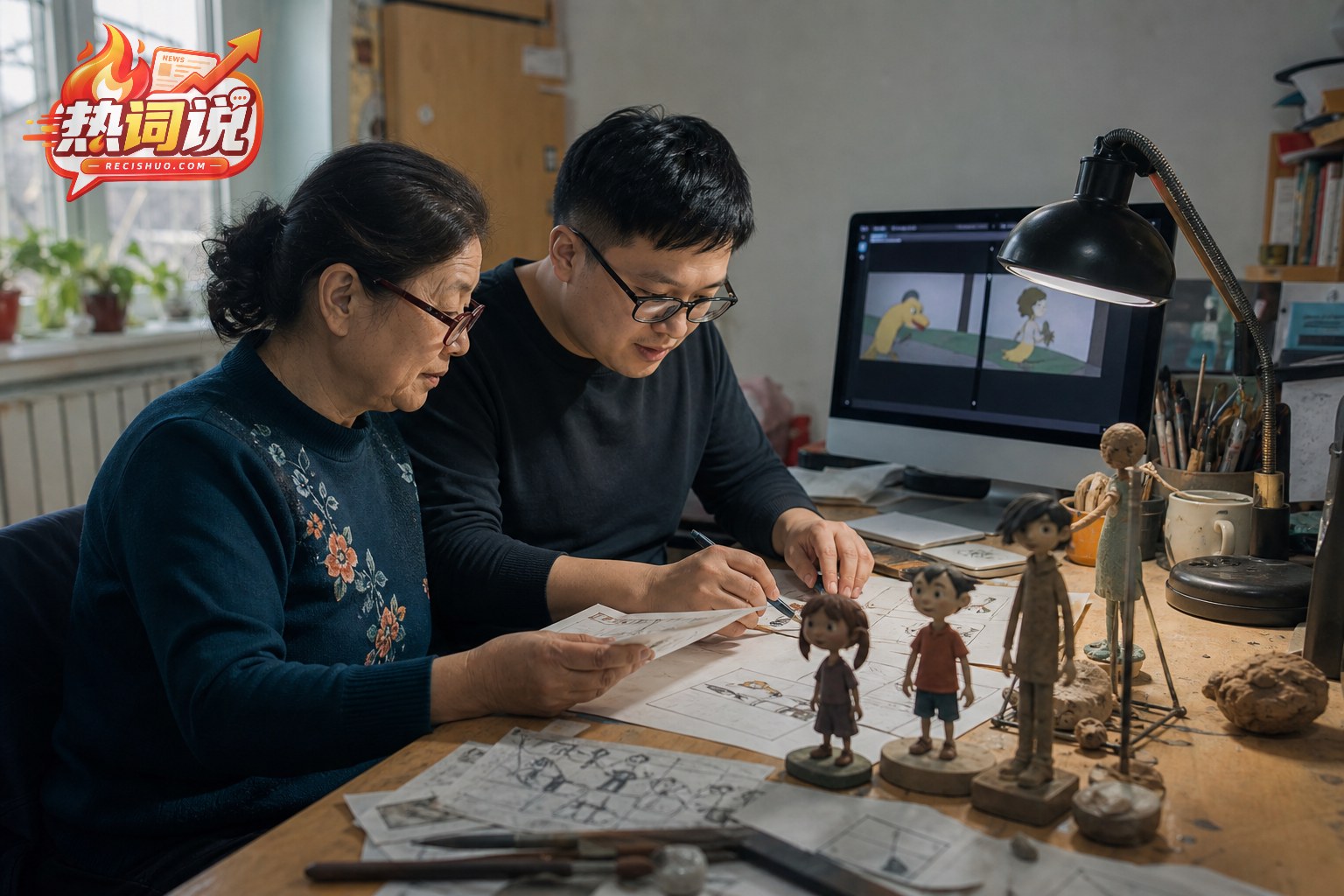 母亲与成年儿子在家中工作台共同整理动画分镜和手工模型