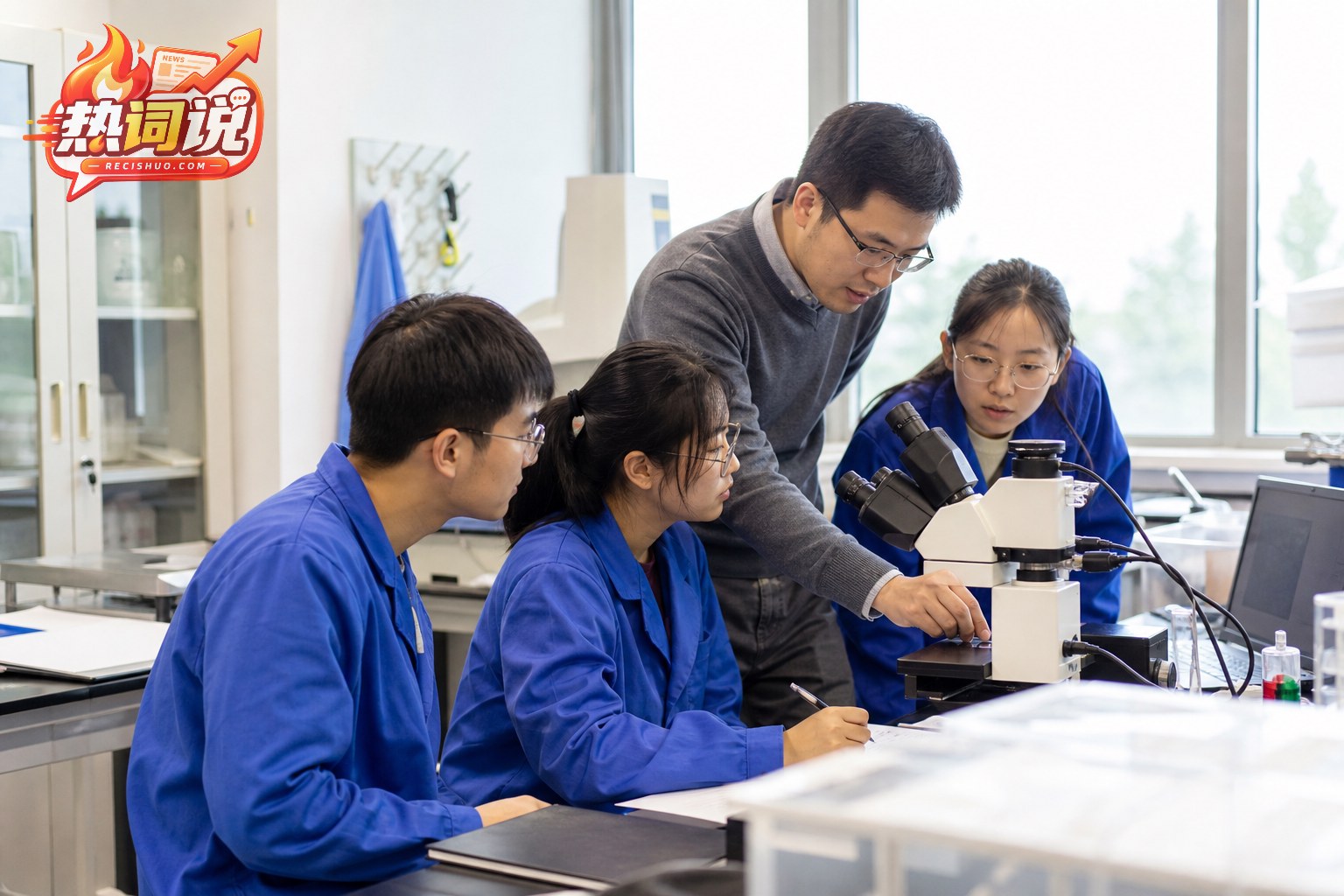 教师在大学实验室指导学生观察样品并记录数据